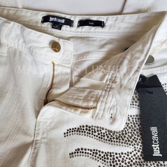 JUST CAVALLI BY ROBERTO CAVALLI JEANS WHITE w CRYSTALS SKINNY PANTS sz 29 US 6 - Picture 7 of 14
